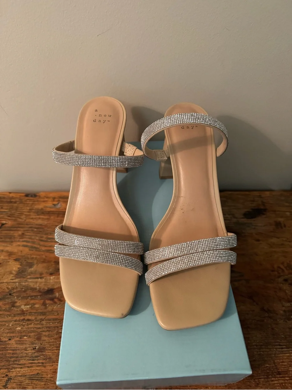 A New Day Beige Rhinestone Double-Strap Block Heel Sandal, size 9